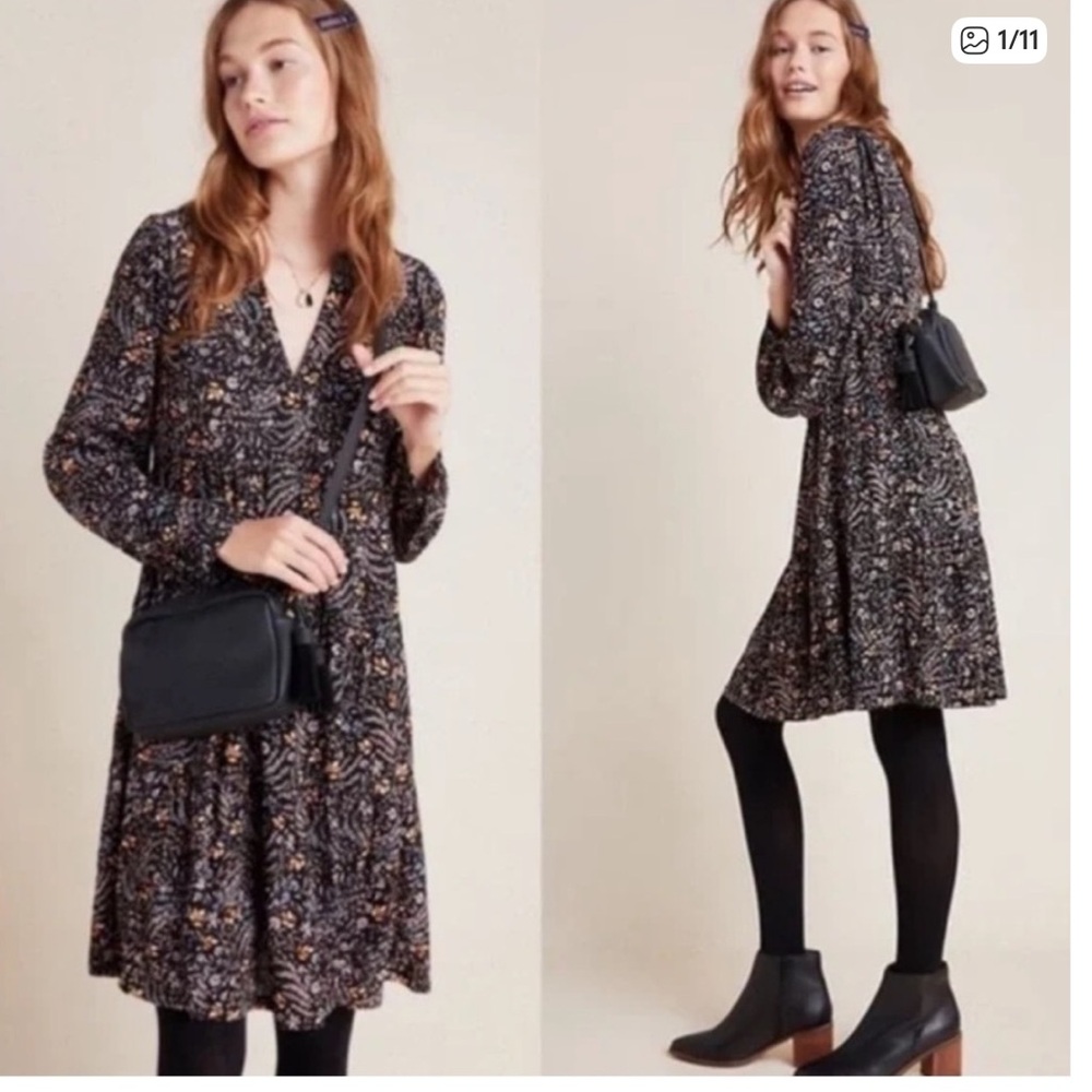 Anthropologie Maeve Amber Dress Floral V-Neck Tiered Long Sleeve Peasant XSmall